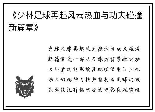 《少林足球再起风云热血与功夫碰撞新篇章》