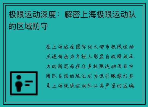 极限运动深度：解密上海极限运动队的区域防守