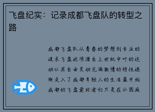 飞盘纪实：记录成都飞盘队的转型之路
