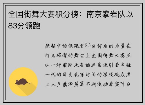 全国街舞大赛积分榜：南京攀岩队以83分领跑