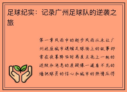 足球纪实：记录广州足球队的逆袭之旅